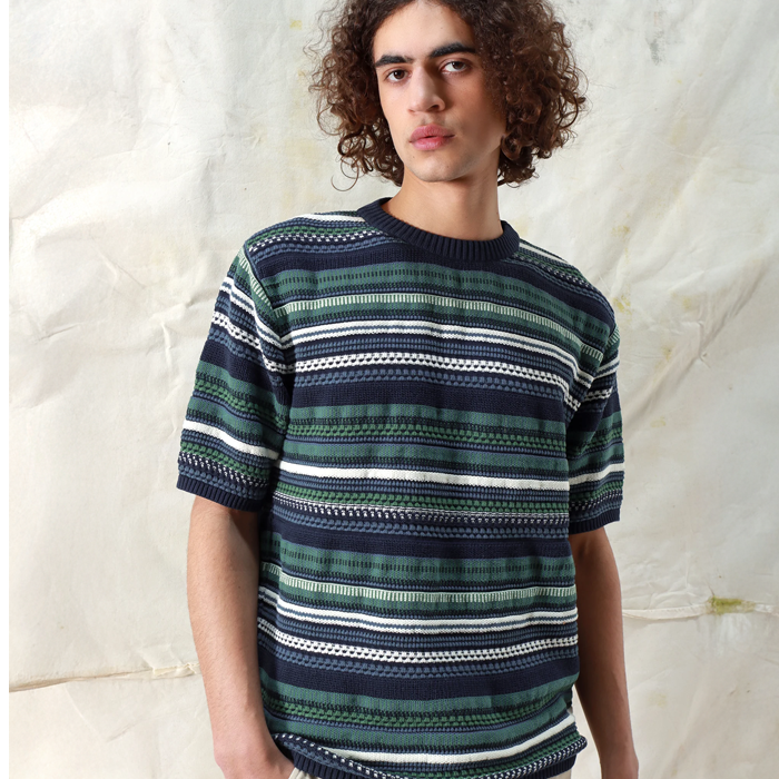 Far Afield Newport Knit Navy Iris Tropical Green Stripe Top