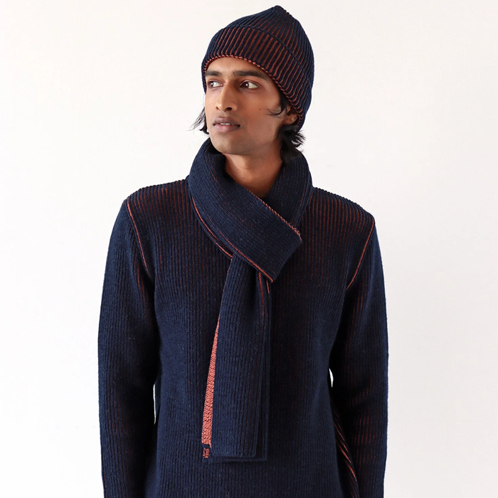 Far Afield Ribbed Navy Iris Burnt Orange Knit Beanie