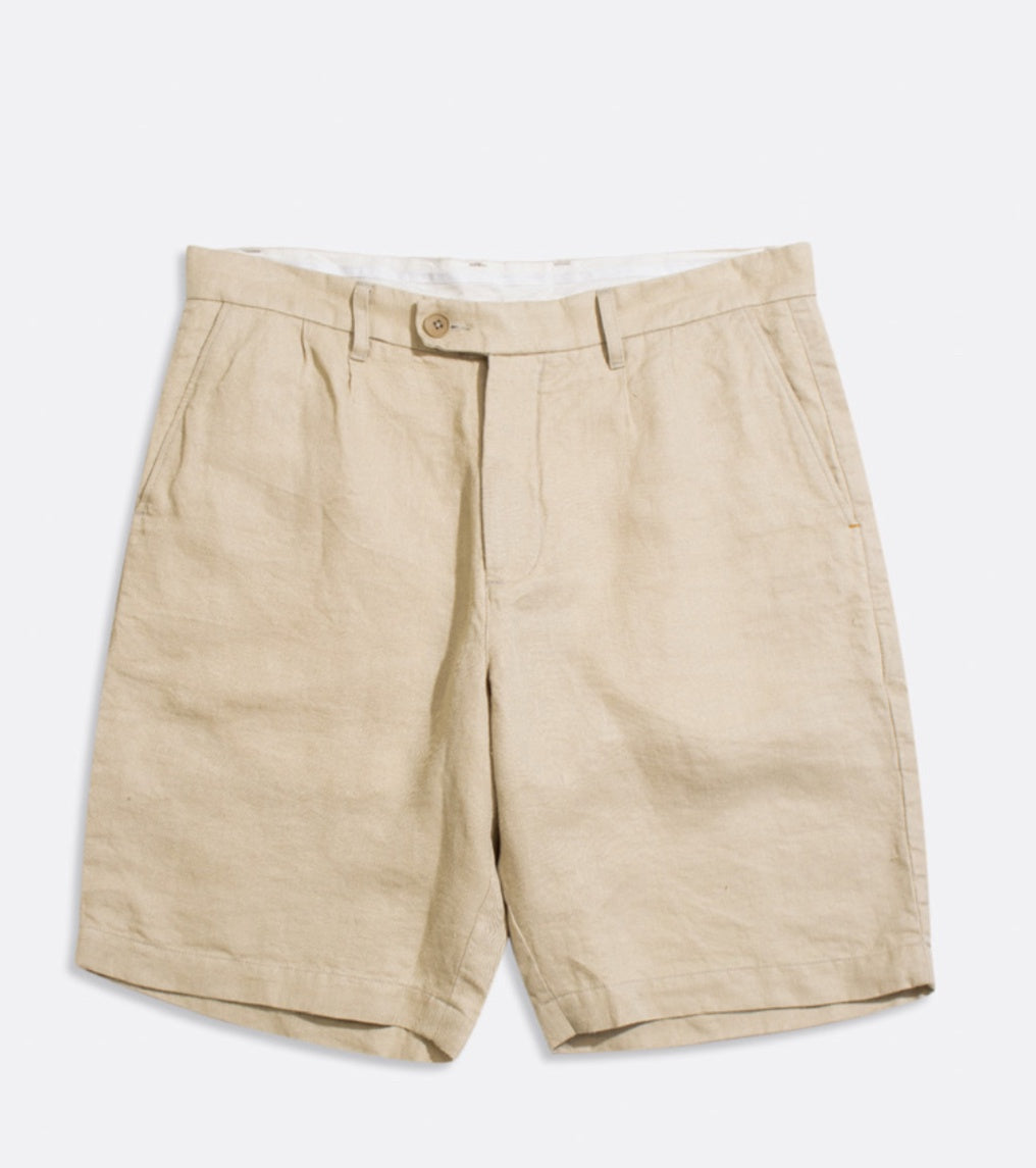 Far Afield Double Pleat Peyote Sand Linen Shorts